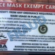 A fraudulent “face mask exempt” card. It also misspells Americans With Disabilities Act.
